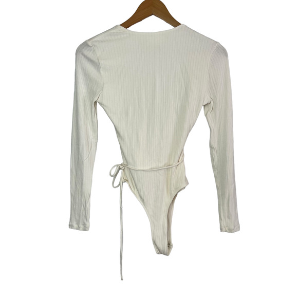 CAPULET Size S Prima White Knit Bodysuit Ribbed Long Sleeve Wrap Front Tie Top - Picture 4 of 13